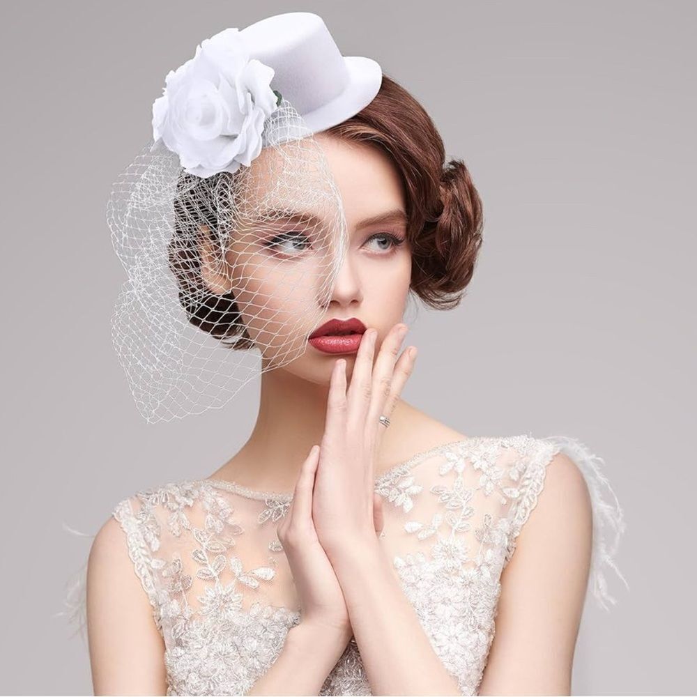 Fascinators - White Derby Hat  Elegant Tea Party with Veil Floral - Picture 6 of 9